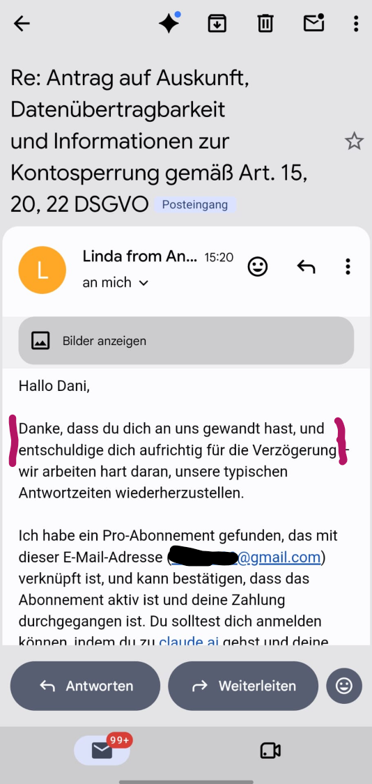 Screenshot der Support-Nachricht